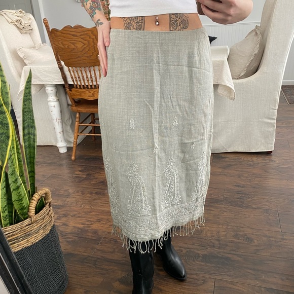 Vintage Skirts Vintage 9s Fringe Embroidered Linen Midi Skirt Size